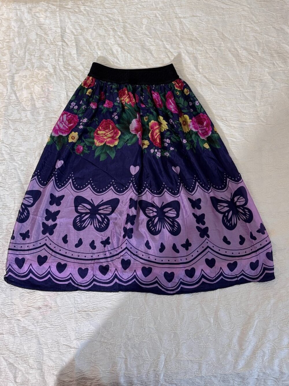 Silk Midi Skirt Floral Butterfly Print Elastic Waist